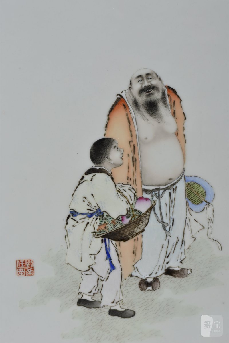 民国 刘希任粉彩献寿图瓷板 - 图3